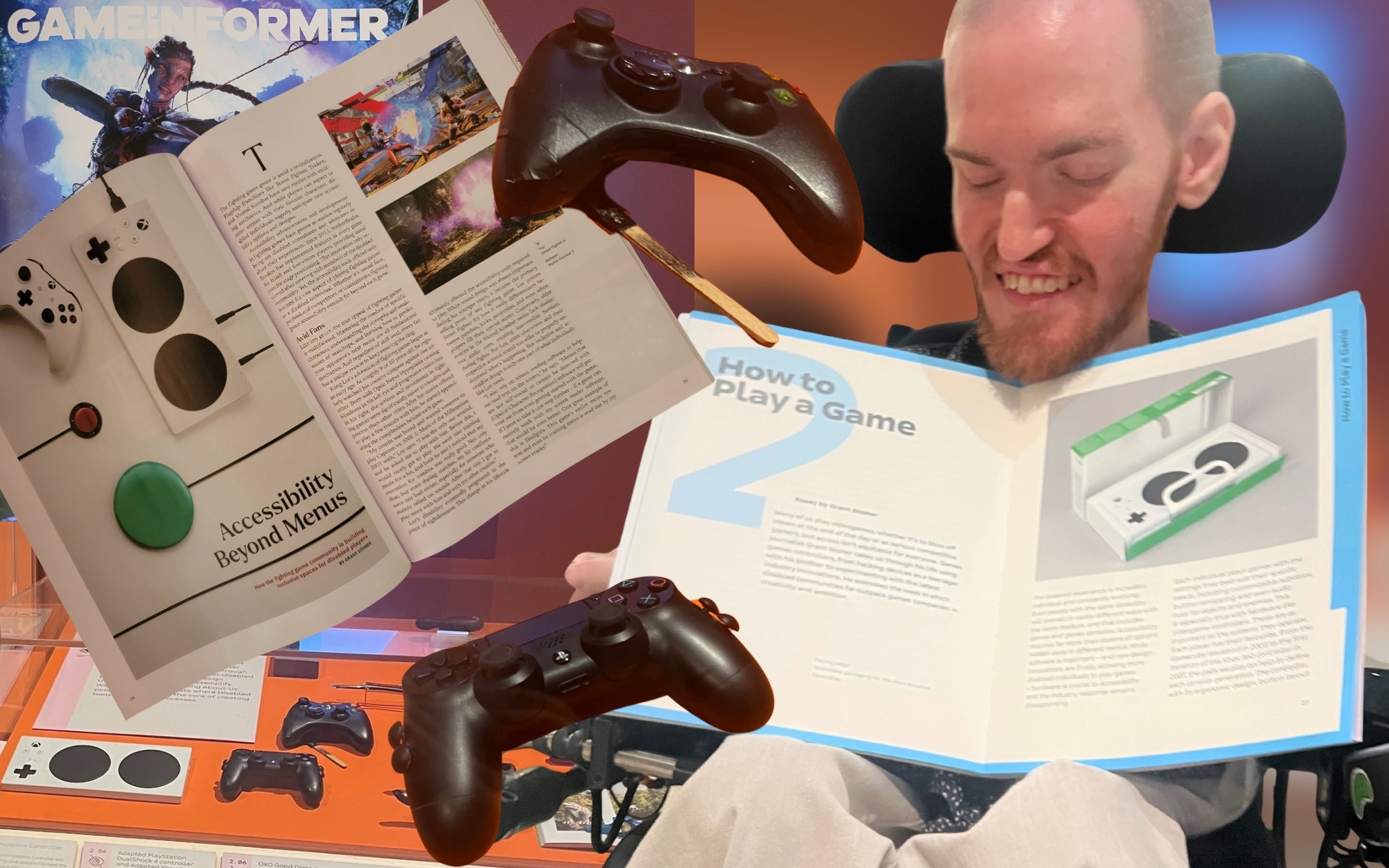 A group of objects in a single picture. To the left is the cover and opened a of a game informer issue. In the middle are a custom Xbox 360 and PlayStation 4 controller. To the right is me holding an open book.